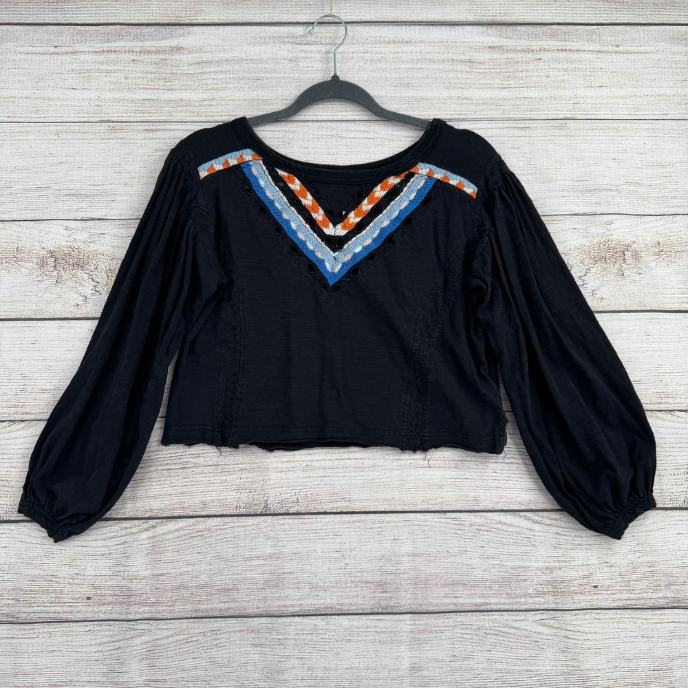 Free‎ People Crop Top Womens XS Black Embroidered Balloon Sleeve Boho V-Neck